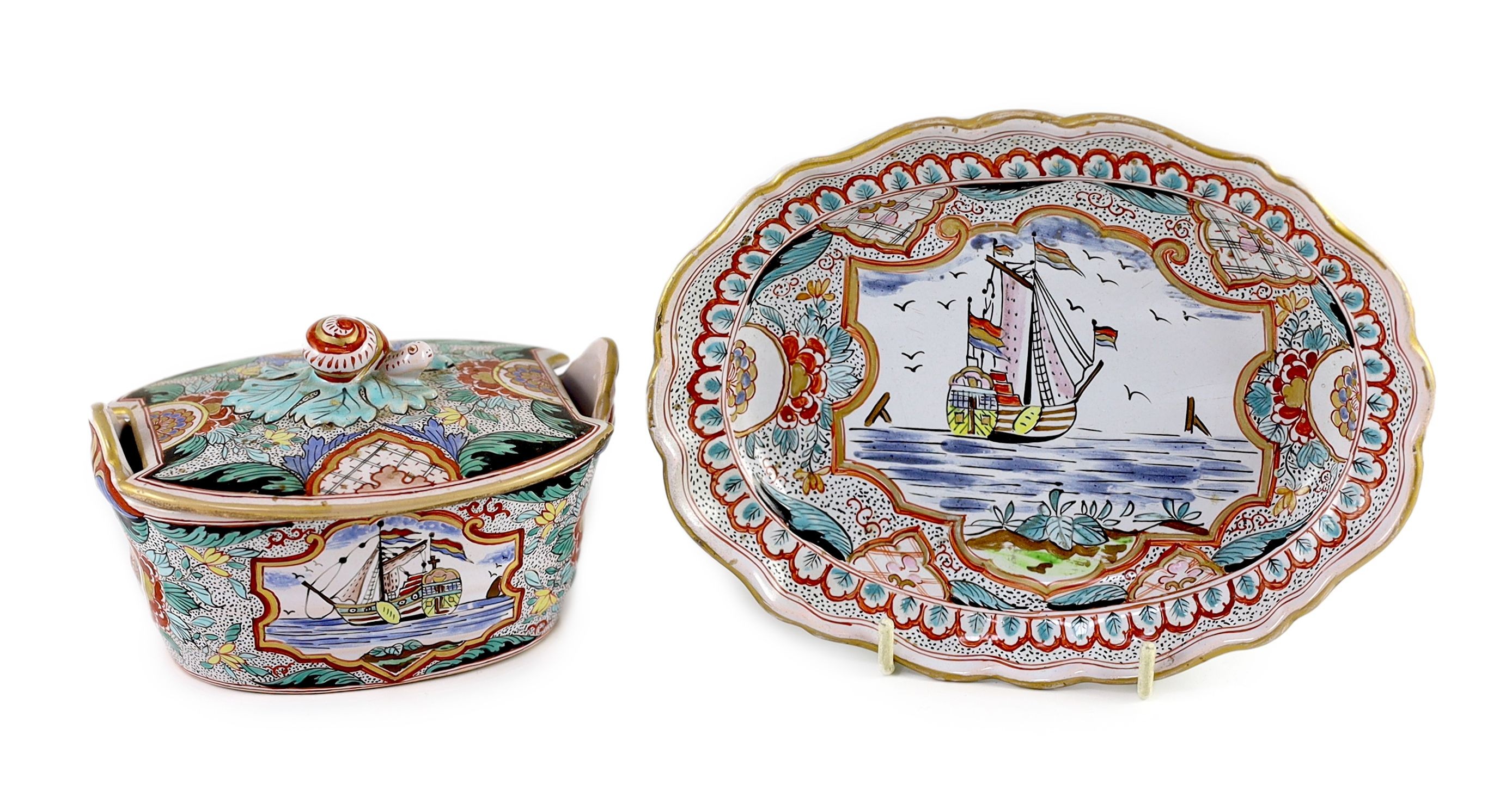 A Delft butter tub, cover and stand, Hendrik van Hoorn manufactory, second half 18th century, 18cm wide, crack to tub